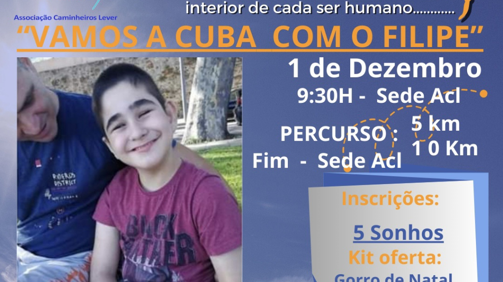 Cartaz sobre a caminhada solidária para ajudar Filipe Ferreira, carinhosamente conhecido por 'Pipinho'